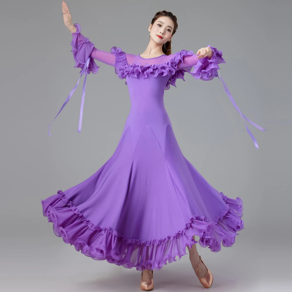 Robe de concours de danse de valse moderne, manches trompent, longue, sangle, navire chia, grande balançoire, robe professionnelle