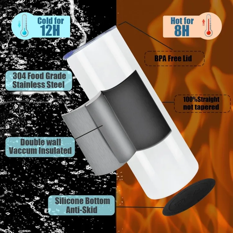 Copos de sublimação magros retos, copos de sublimação de aço inoxidável em branco, caixa de presente individualmente, copo isolado sub