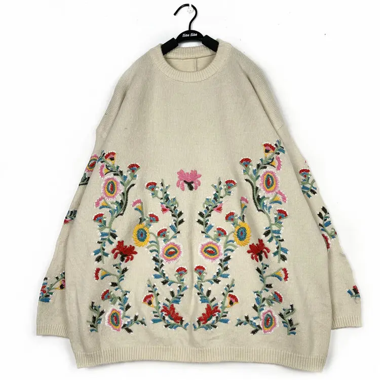 手作りヴィンテージ日本製スレ花柄刺繍ソフトフーディー女性用クルーネックセーター快適で通気性のあるオールシーズン対応