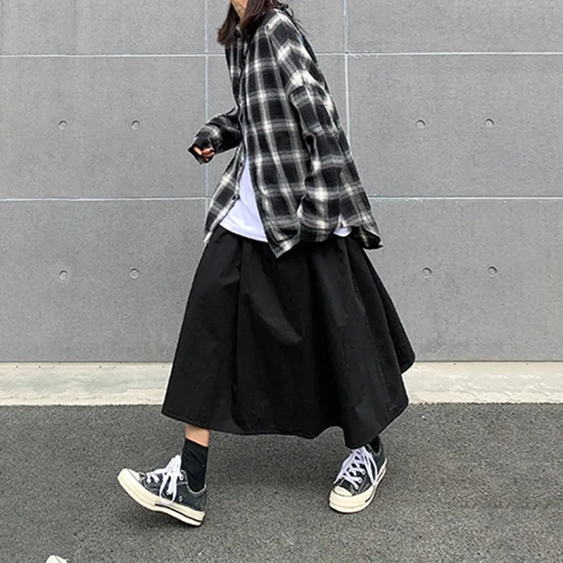 Japanese Style Workwear A-Line Midi Skirt for Women plus Size Student Chic Black Simple Cotton High Waist Skirt Trendy