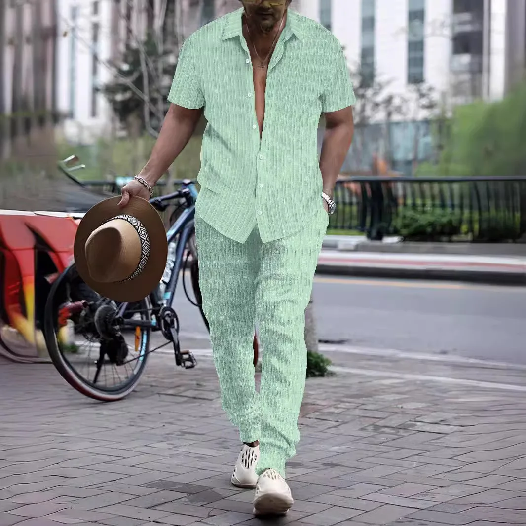 Men's Spring/Fall 2024 Fashion Set Solid color striped street wear Long sleeve shirt and pants two beach suits