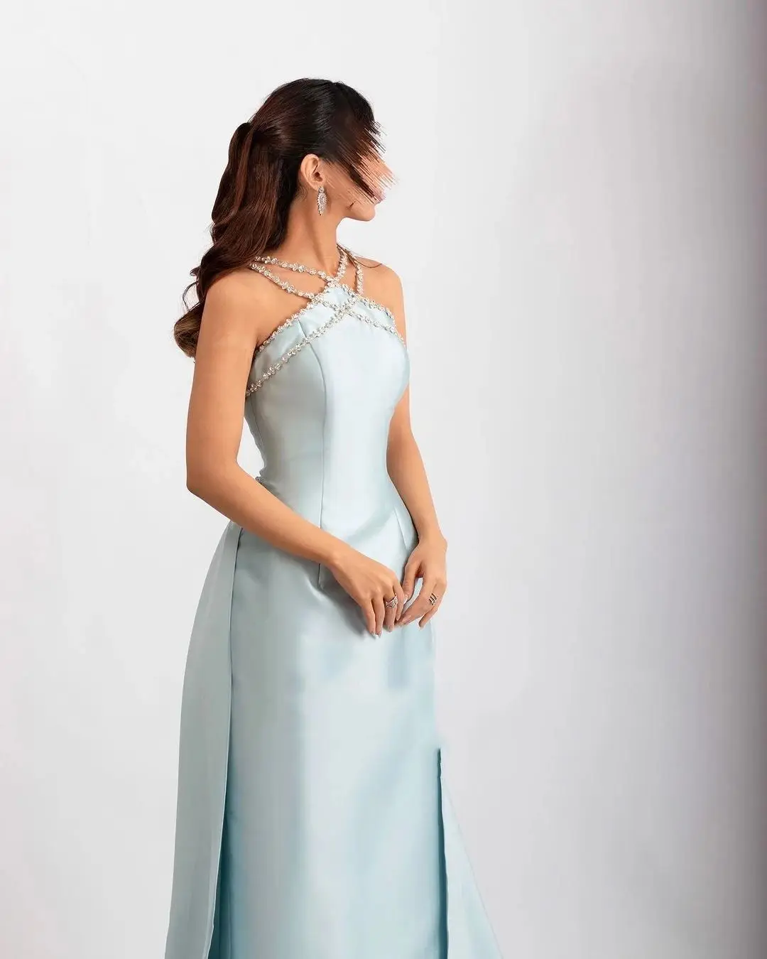 Grânulos cetim cauda cinza azul gordinho elegante vestidos de festa mulher personalizado noite gala baile de casamento vestido formatura saudita