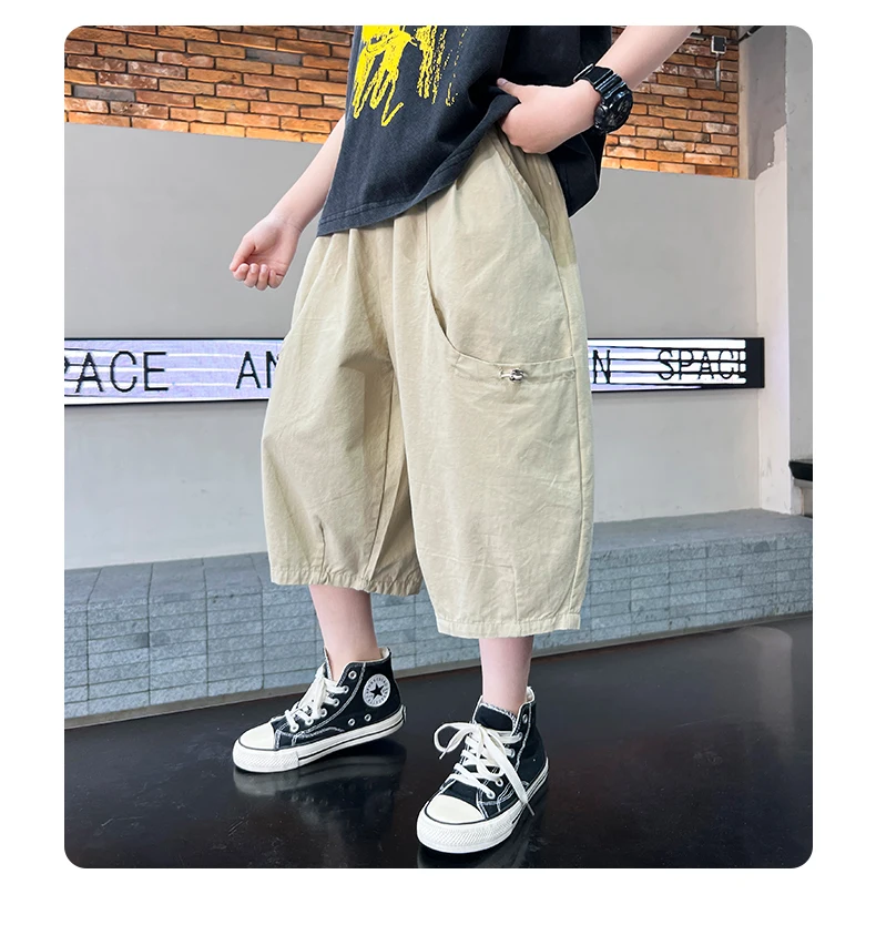 Jungenhosen Sommer Elastische Taille Capri Cargo-Hosen Mit Taschen Coole Streetwear Kinderkleidung 2026 Sport Casual – Detail 4
