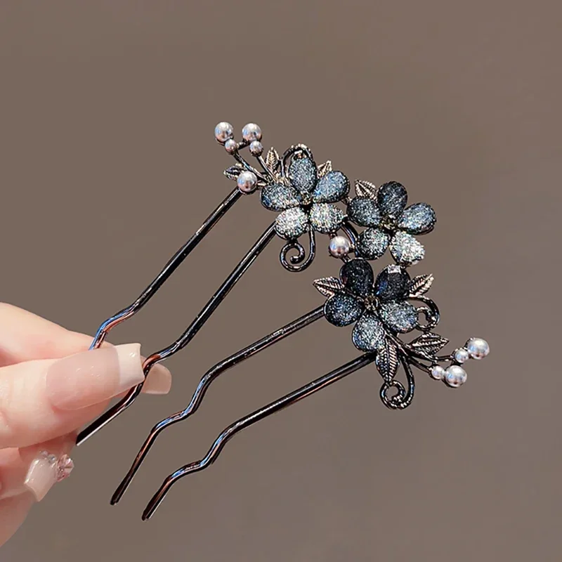 Chinese Ancient Style Exquisite Pearl Rhinestone Flower U-shaped Hair Comb Women Elegant Temperament Daily Metal Hairpin