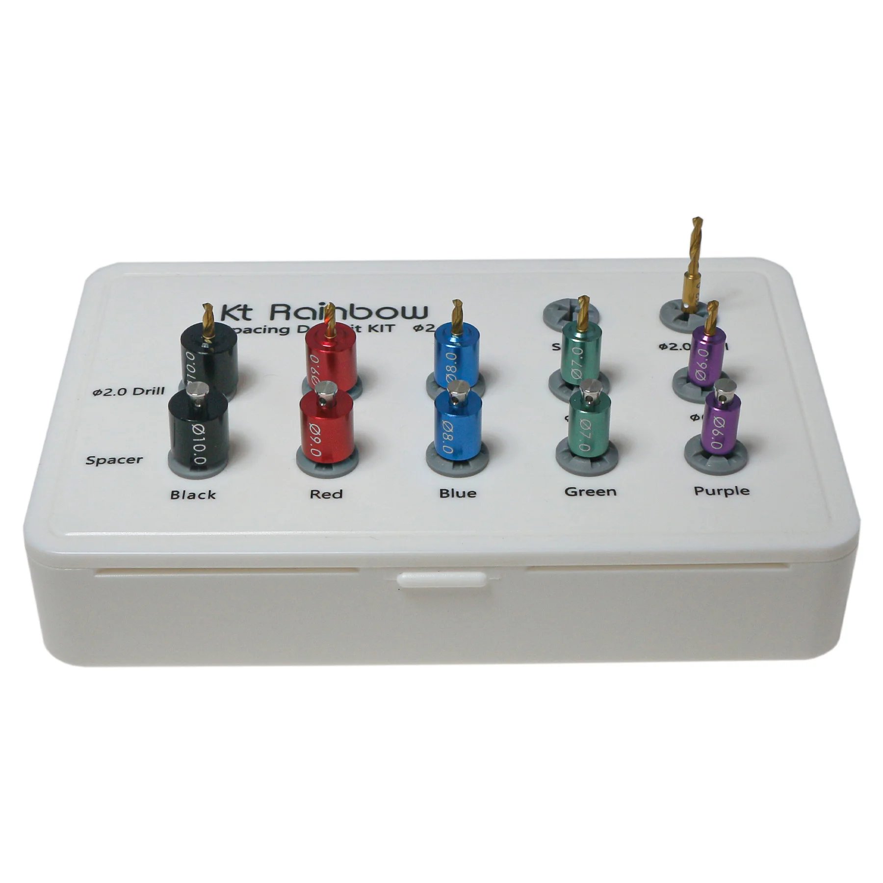 

Dental Implant Spacing Drill Kit KT Rainbow φ2.0-10.0 10pcs Color-Coded Drills & Spacers For Guided Implant Surgery