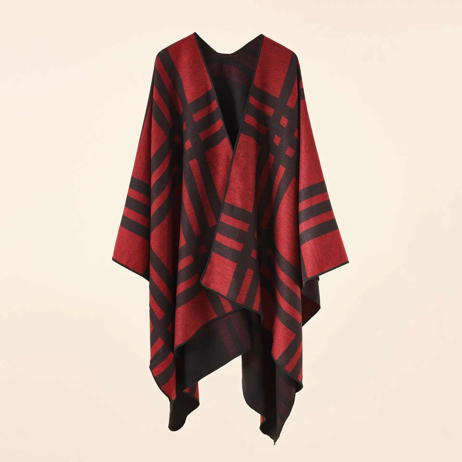 Autumn Winter New Large Plaid stripe pattern Imitation Cashmere Warm Casual Women Shawl Poncho Capes Lady Coat Red