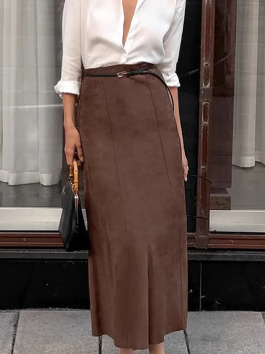 Wolfeel Autumn Retro New Fashionable Matte Fleece Half Skirt Brown Slim Fit High Waisted Straight Leg Women's Casual Long Skirt