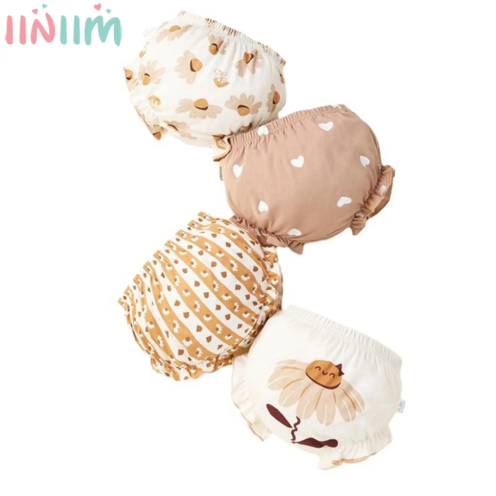 

Baby Girls 4Pcs Diaper Covers Bloomer Cute Print Cotton Elastic Waistband Ruffled Shorts for Summer Casual Daily Wear Homewear