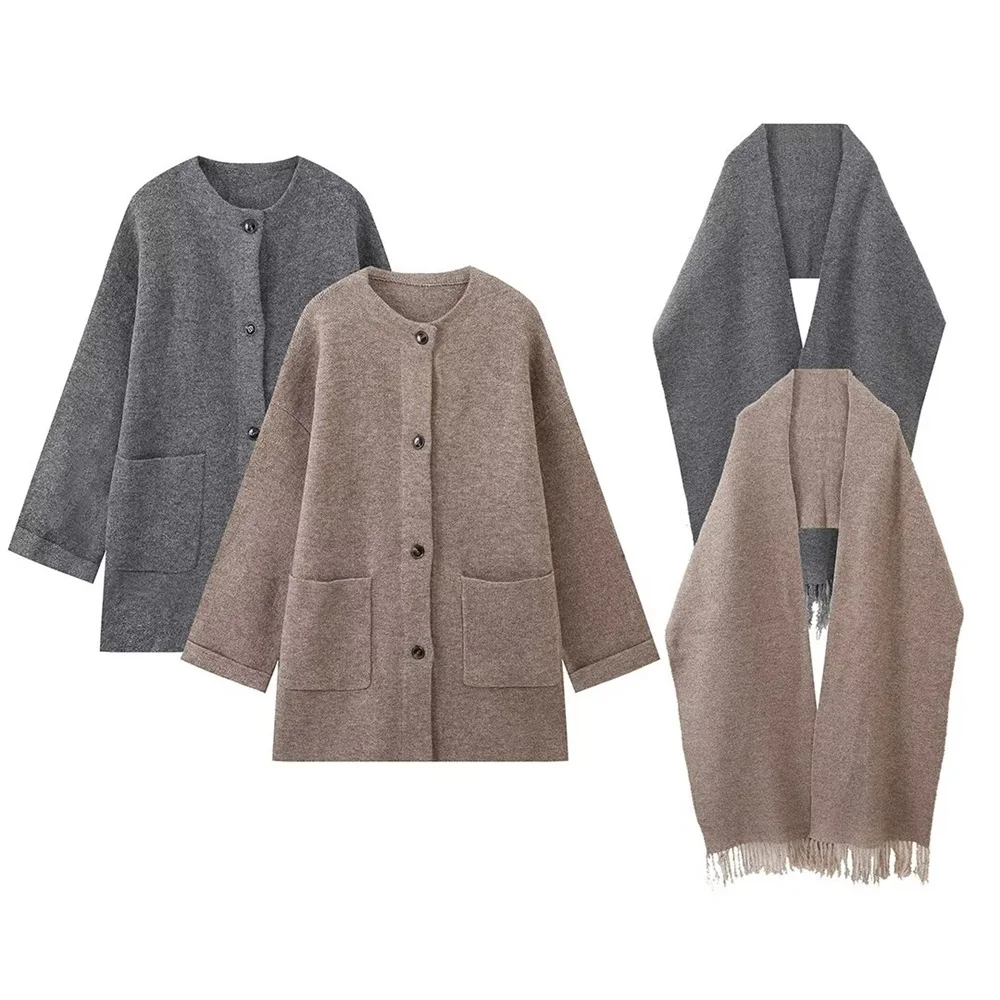 

Zach Ailsa Autumn New Product Women's Fashion Loose Round Neck Long Sleeve Solid Color Scarf Cloak Knitted Sweater Coat
