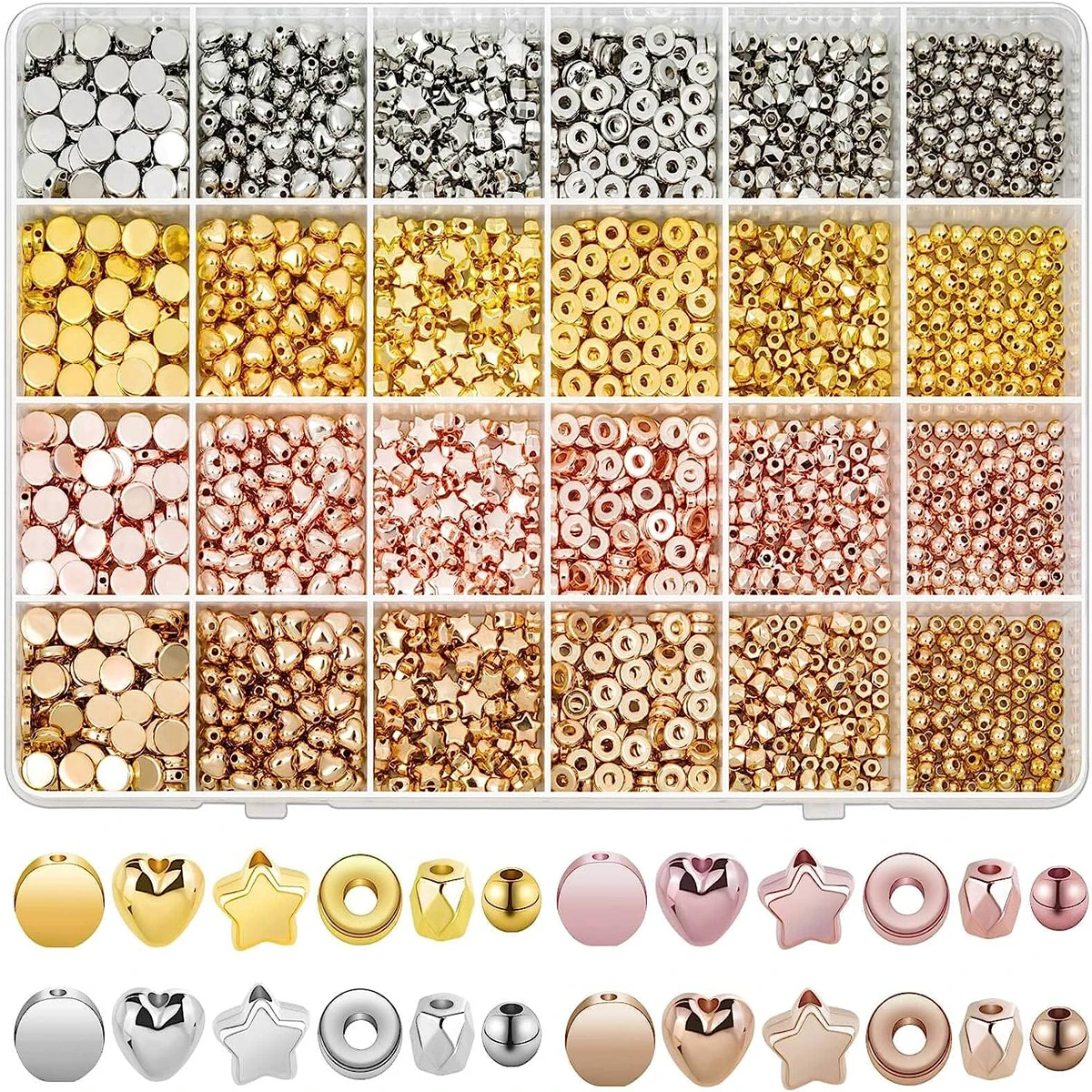 2160pcs Golden Spacer Beads Set, Assorted Round Star Gold Beads for Bracelet Jewelry Making