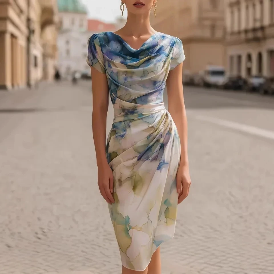 

2026 New Sexy Mesh Print Casual Versatile Drop Shoulder Sleeve Bodycon Underwear Short Sleeve Dress Women Long Dress