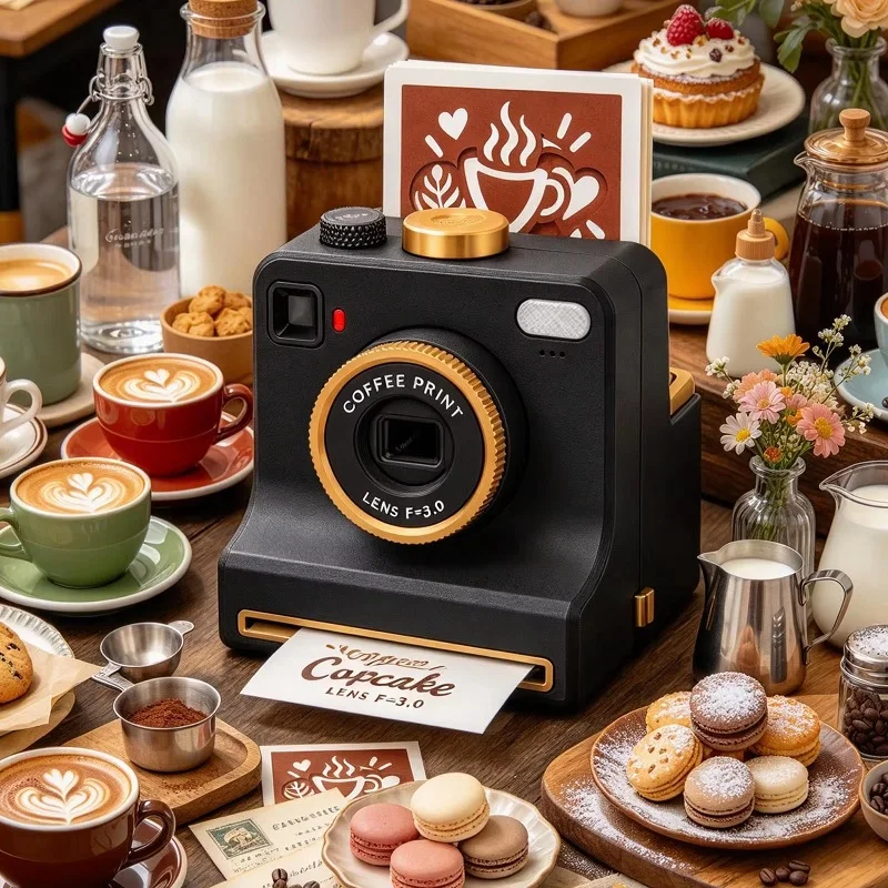 3D Printed Funny Coffee Latte Camera* Replaceable Cards One Touch Press DIY Latte Art Camera Tool Vintage Look Included Stencils