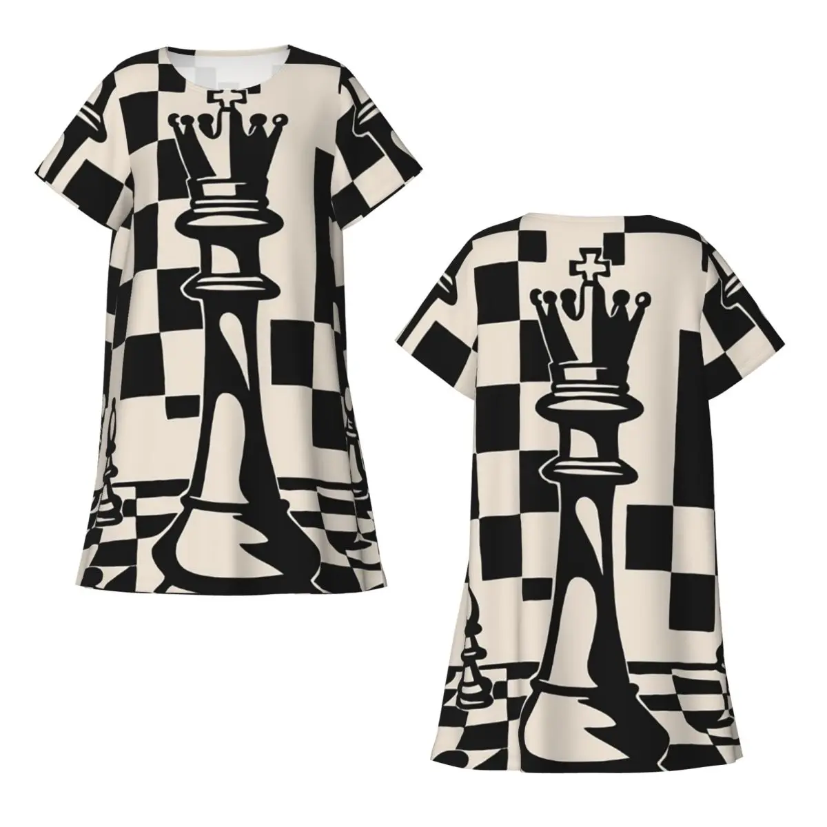 Custom Chess Pieces On Board Short Sleeves Nightdress For Sleeping Sleepshirts Women Short Sleeve Nightgowns Loose Pajama Dress
