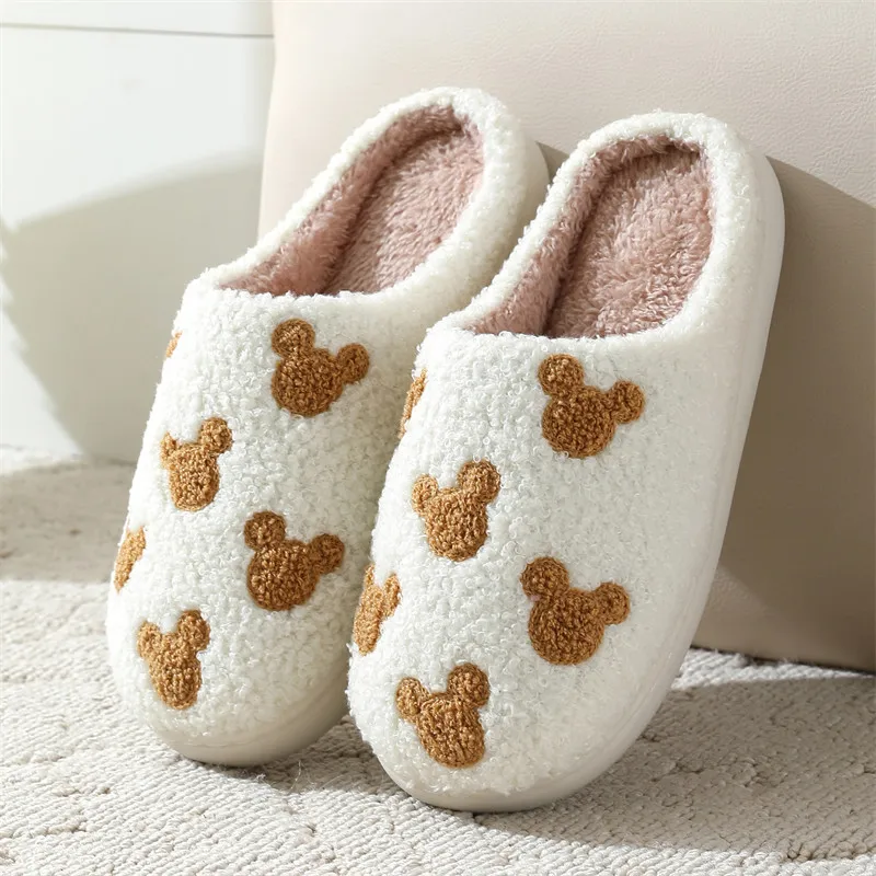 Ladies' Embroidered Teddy Bear Slippers for Autumn Winter Comfortable Warm Non-Slip Home Slippers