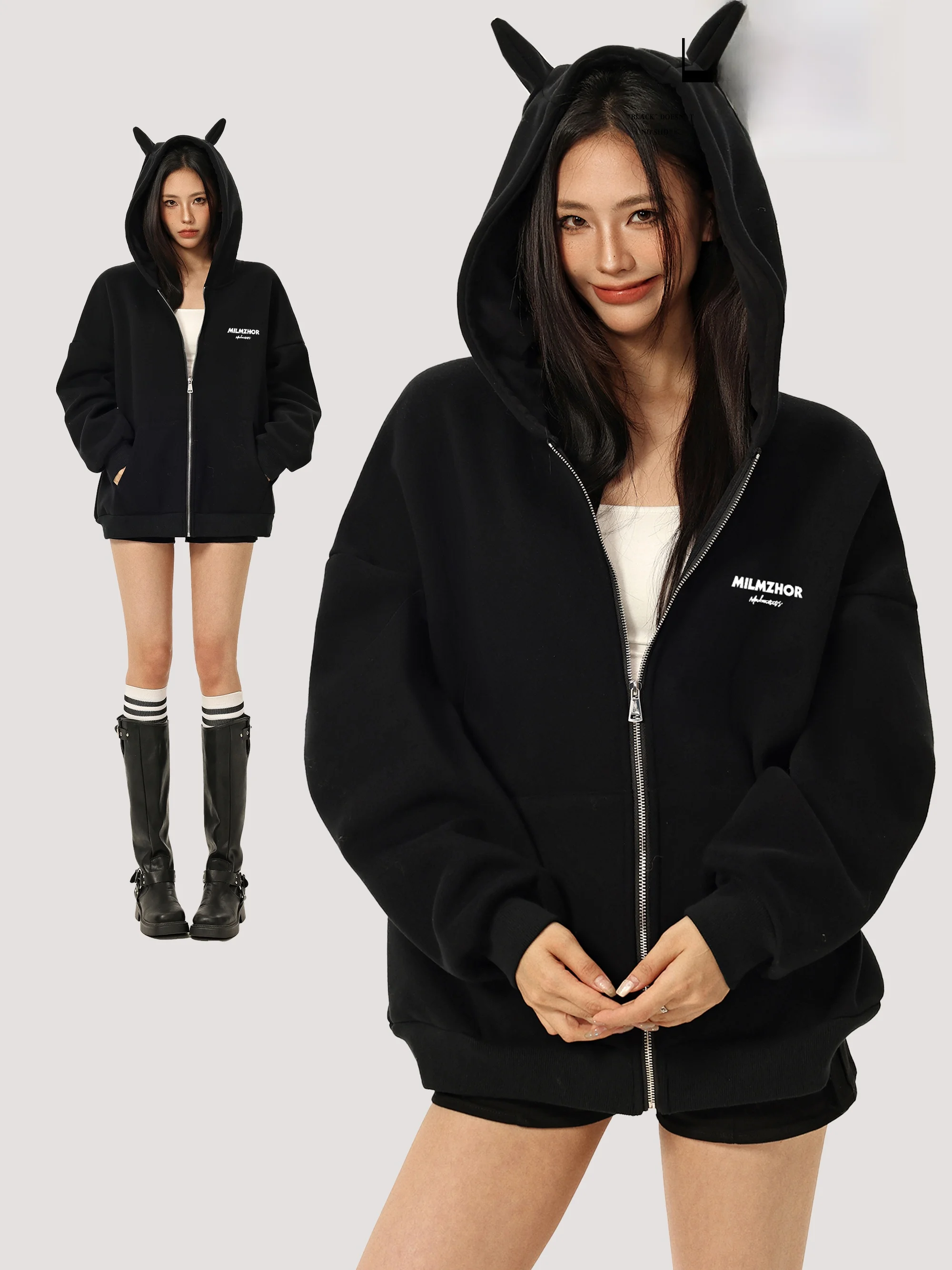 

LmziHei American Sle Loose Fit Hoodie Jaet Women's Bla Little Devil Ear Design Spring Zipper Slimming Open Cardigan