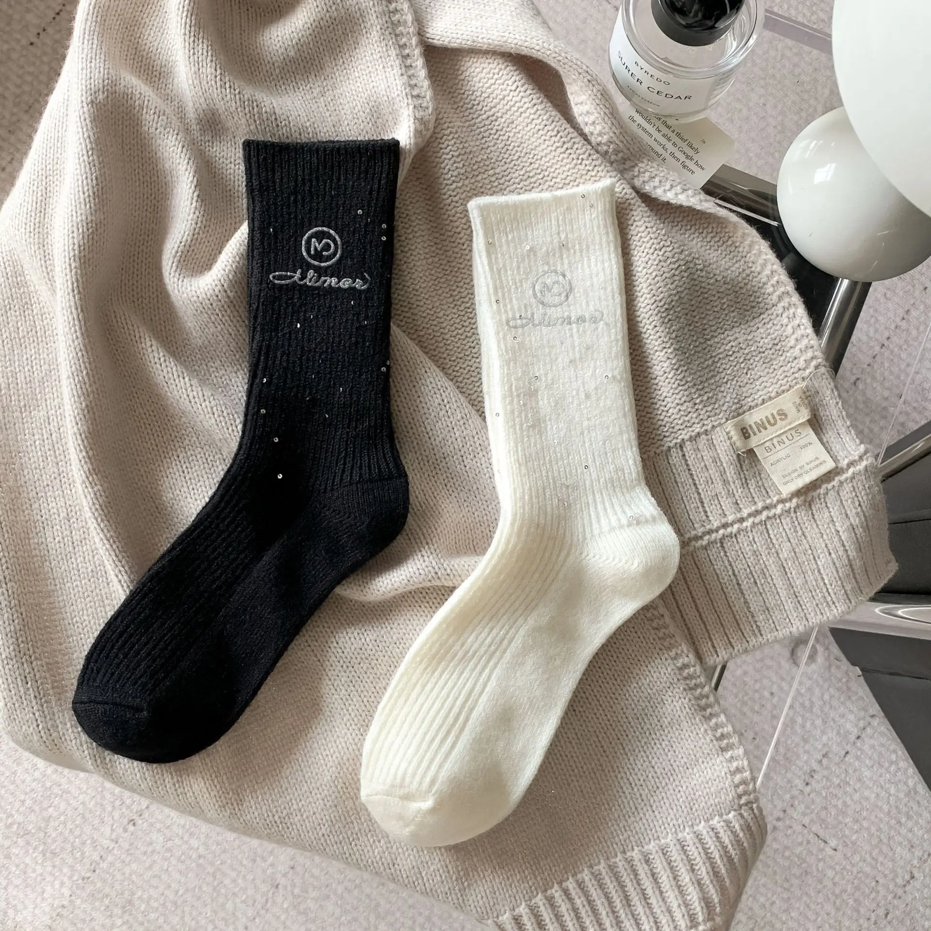 Wool Women's Autumn and Winter Light Luxury Black and White Flash Piece Accessory Socks Fashion Embroidery Letter Socks