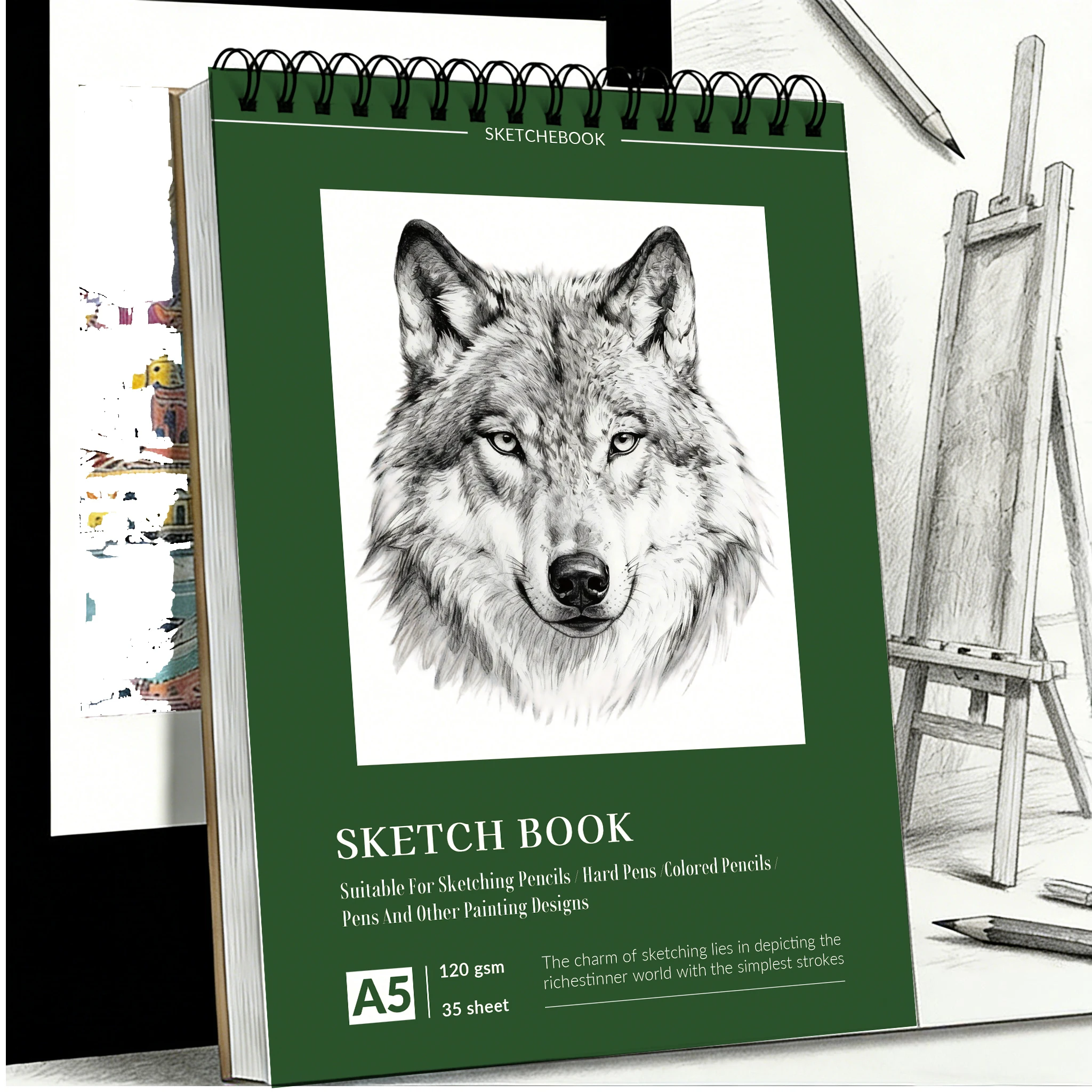 A5 Spiral-Bound Art Sketchbook, Wolf Portrait Cover Drawing Pad, 35 Sheets (120gsm) Acid-Free Paper, Ideal for Pencil, Charcoal