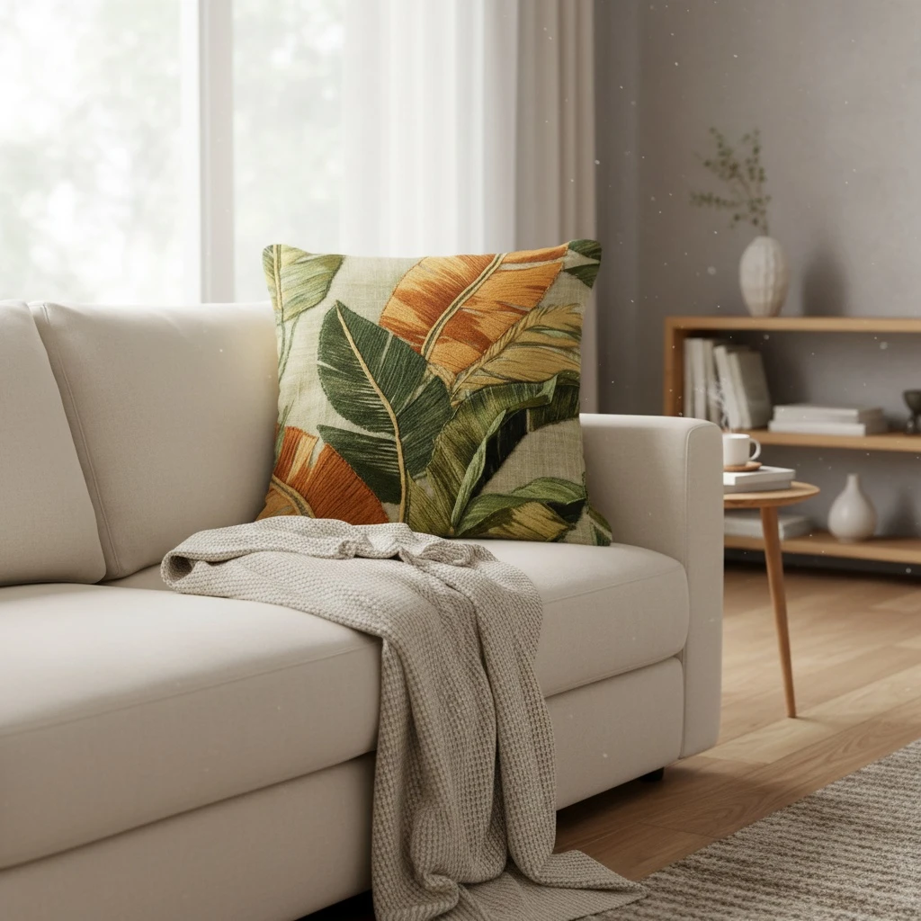 2D  Tropical Banana Leaf Pillow Cover Boho Palm Leaf Print Linen Texture Cushion Case for Sofa Couch  Home Decor
