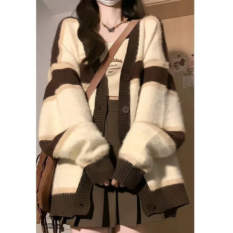 

V-Neck Contrasting Striped Imitation Mink Sweater For Women's Autumn Winter Outerwear, Milk Fufu Loose And Lazy Style Cardigan