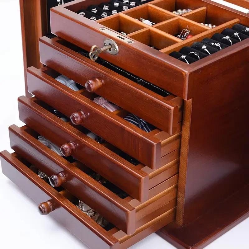 Vintage Solid Wood Jewelry Box Side Open Multi Layer Storage Organizer for Rings Earrings Necklaces Accessories Home Decor
