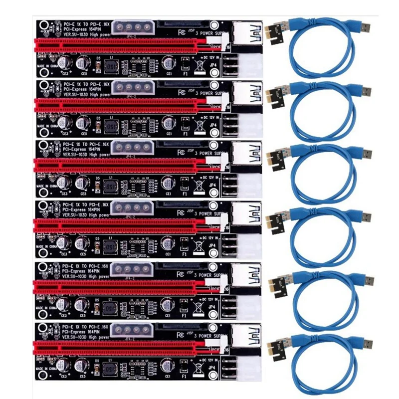 

VER103D 3в1 Power PCI-E Riser Card LED 4Pin 6Pin Sata 15Pin PCIE 1X to 16X 60CM Удлинительный кабель для биткойн-майнера