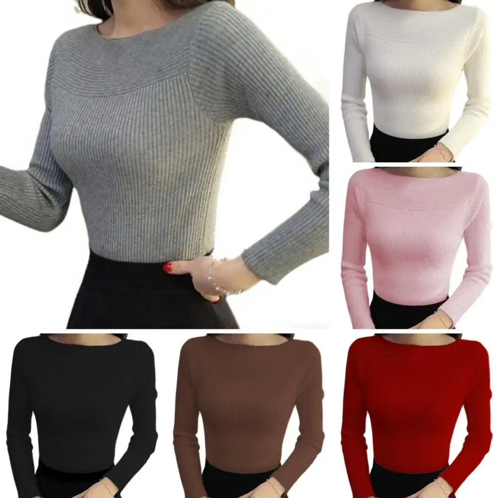 Atasan rajut untuk wanita, atasan rajut kerah Bateau elegan lengan panjang Slim Fit Pullover warna Solid elastis untuk dipakai