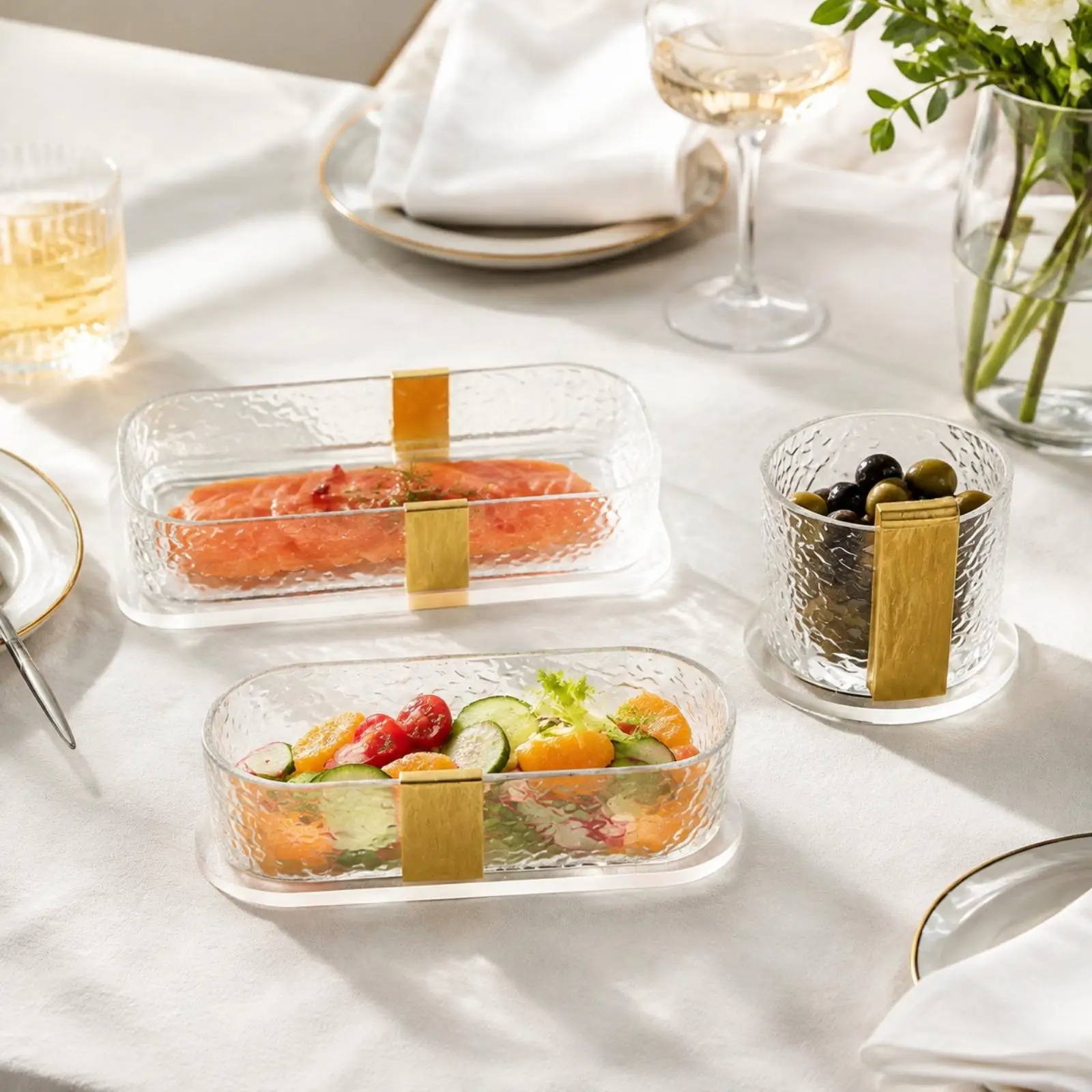 Buffet Display Dishes Stone Pattern Plate Set of 3 Clear Glass Serving Platters for Catering Equipment Restaurant Tableware