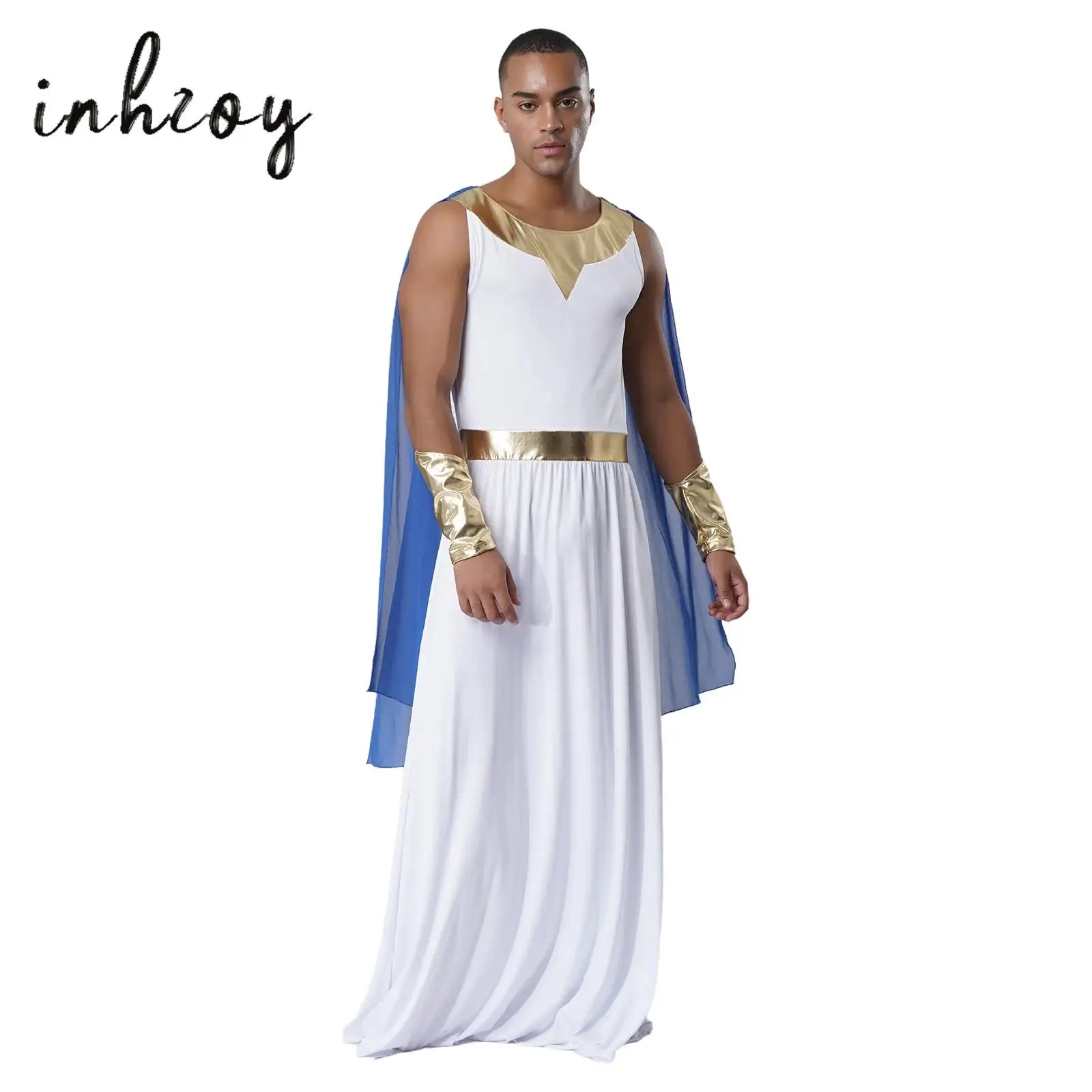 

Men Toga Outfit Halloween Raves Cosplay Fancy Dress Ball Costume Round Neck Sleeveless Shoulder Drapes Robe with Metallic Cuffs