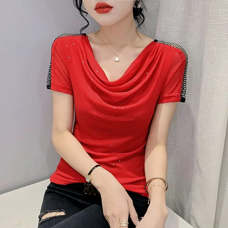 Temperament Net Yarn T Shirts Summer New Short Sleeve Solid Color Patchwork Slim Office Tops Tees Fashion Elegant Women Clothing