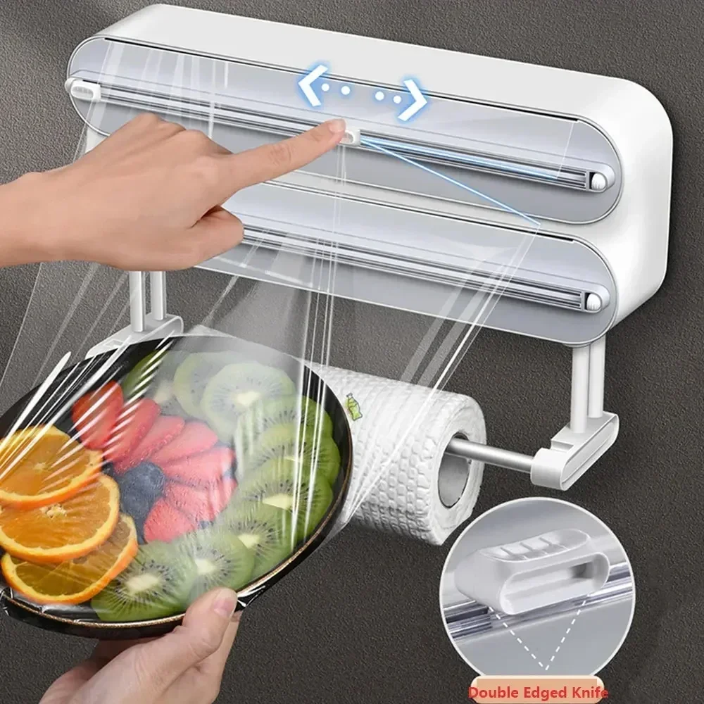 3in1Magnetic & Self Adhesive Refillable Plastic Wrap Dispenser with Cutter Kitchen Tool Cling Film Dispenser Baking Paper Cutter