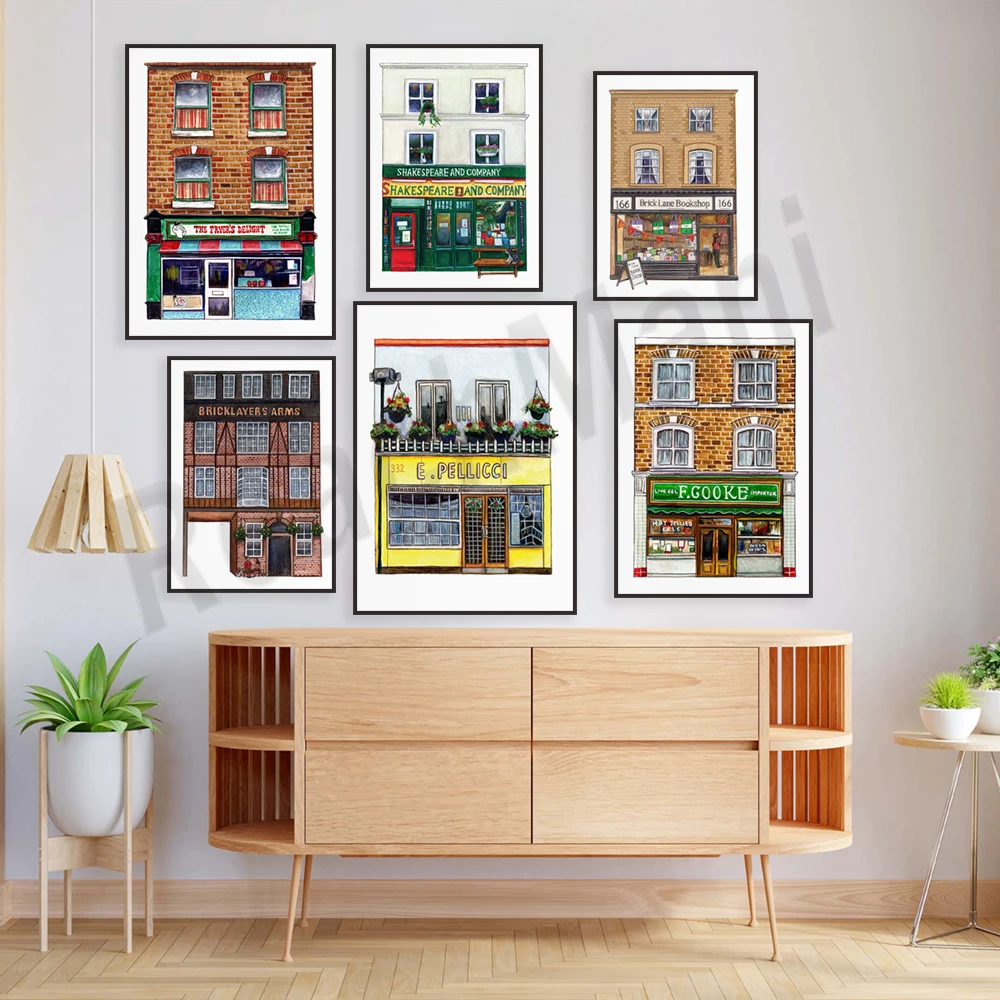 London Prints: Hackney Broadway Market, East London Café, Exmouth Market, Earl of Essex, Brick Lane Bookshop London Travel Poste