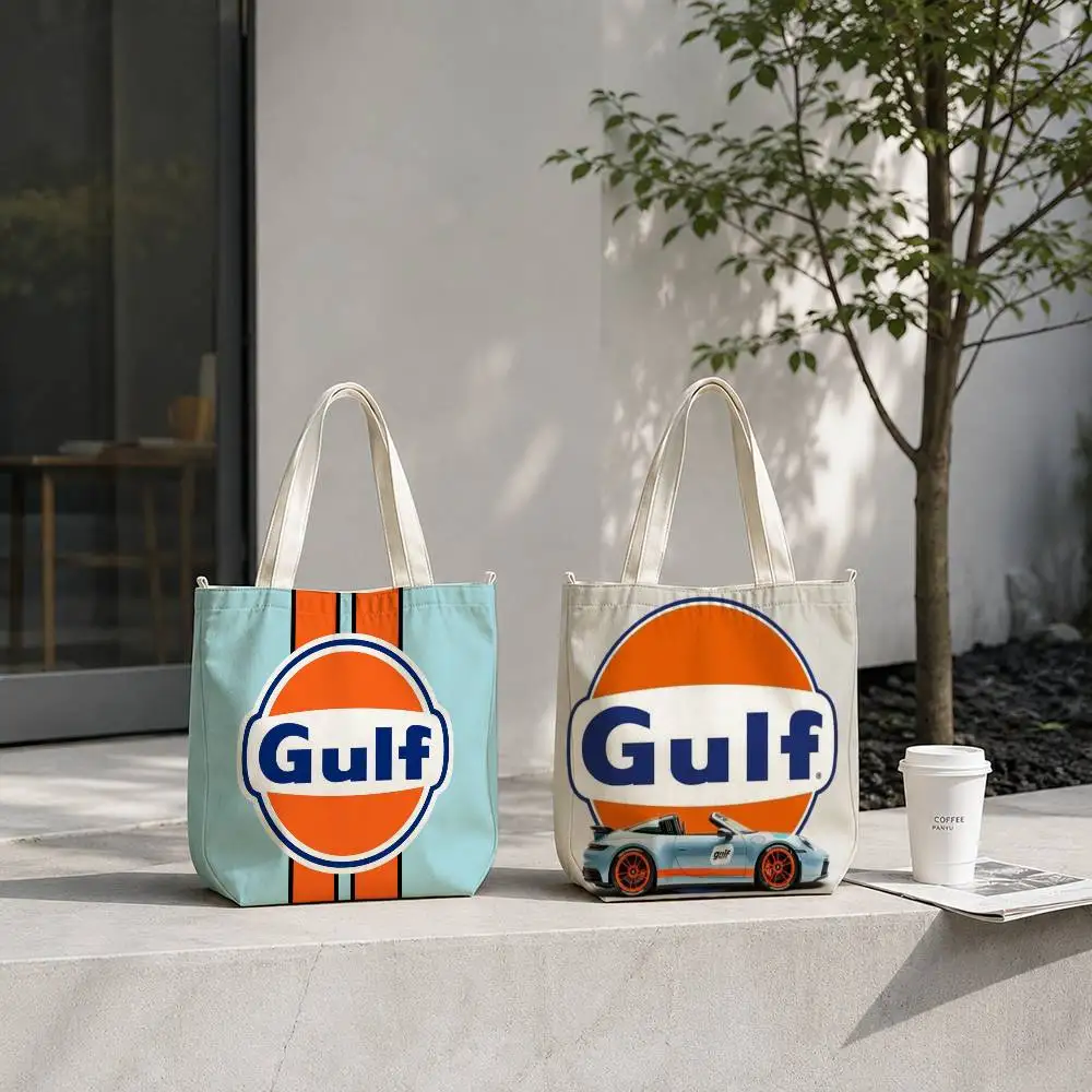 Gulf Racing Car Logo Tote Bag for Women Reusable Shopping Tote Bag Zippered Shoulder Bags Print