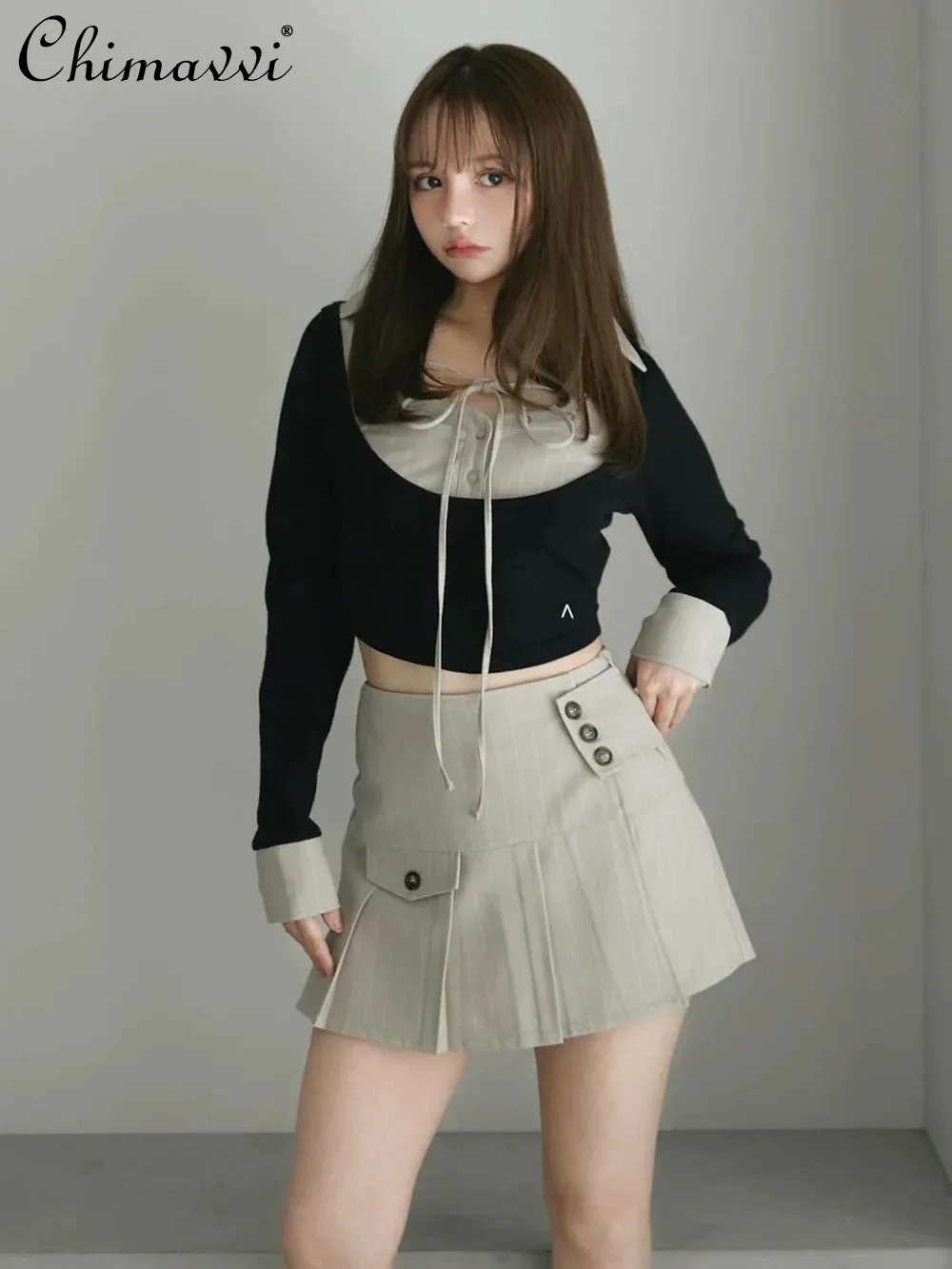 

2026 Spring New Japanese Style Lace-up Turn-down Collar Long Sleeve Top Striped Short Skirt Set Elegant Women's Two-piece Set