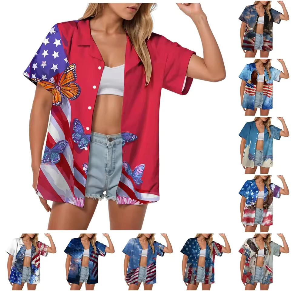 

Women'S Us 250th Printed Shirt Casual Fashion Short Sleeve Shirt Women Work Blouses Tops Fashion Youth Female Top