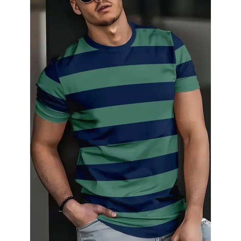 3D Digital Print Men Classic Horizontal Stripe Crew Neck T Shirt Short Sleeve Casual Summer Tee 2026 Fashion Top
