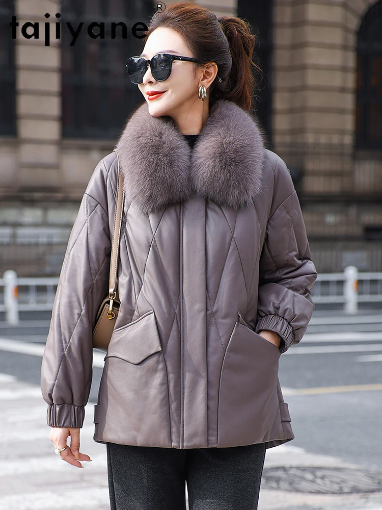 TAJIYANE 100% جلد الغنم أوزة أسفل معطف فضفاض قصير الجلد الحقيقي سترة منفوخة النساء مع الثعلب طوق الشتاء ملابس امرأة 2025