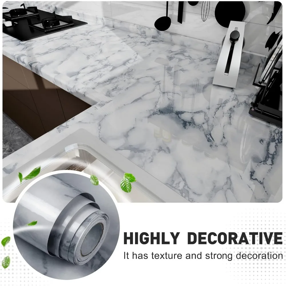 ورق اتصال رخامي لامع مقاوم للماء ذاتي اللصق وقابل للإزالة لأسطح الكونترتوب والأثاث، تصميم أبيض ورمادي