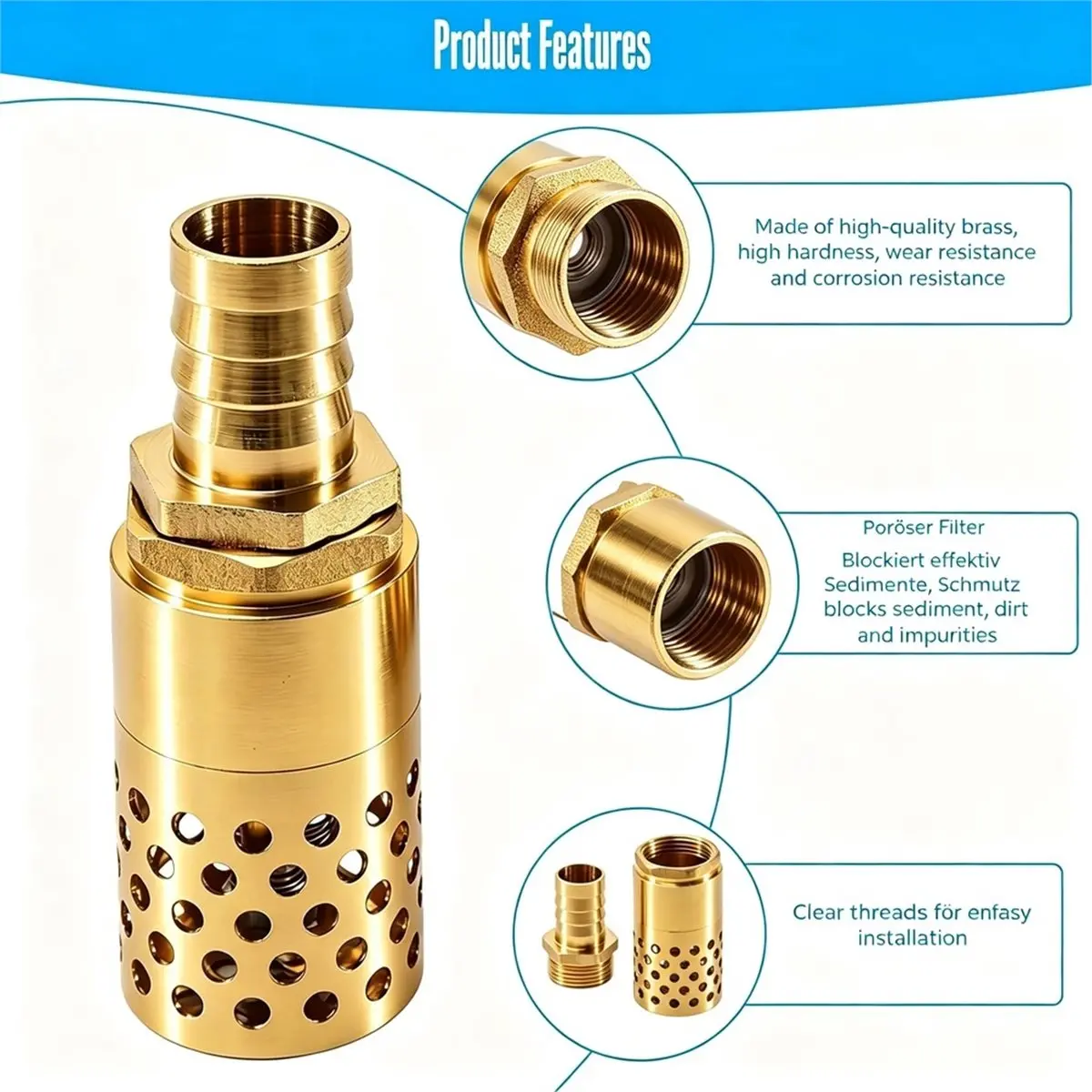 3/4 Inch Brass Check Valve, Hose Nozzle Diameter 19 mm Suction Filter Set with Check Valve, for Suction Pipes, Pumps