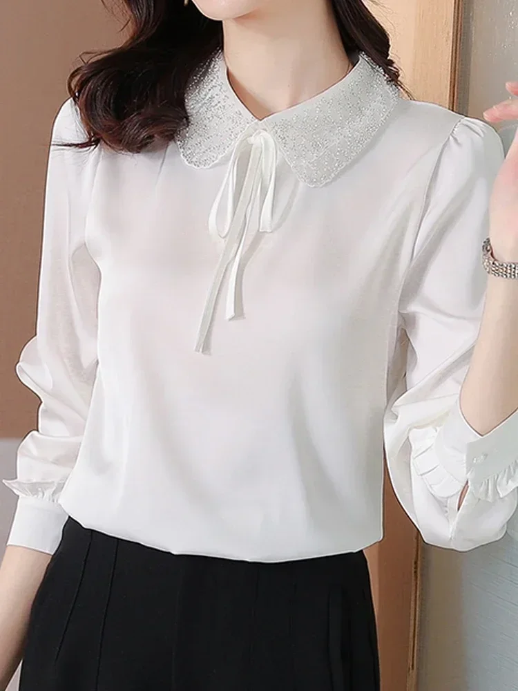 

Long Sleeve Blouse Women Beading White Chiffon Blouse Shirt Women Tops Blusas Mujer De Moda 2023 Blouses Femme Women Shirts F470