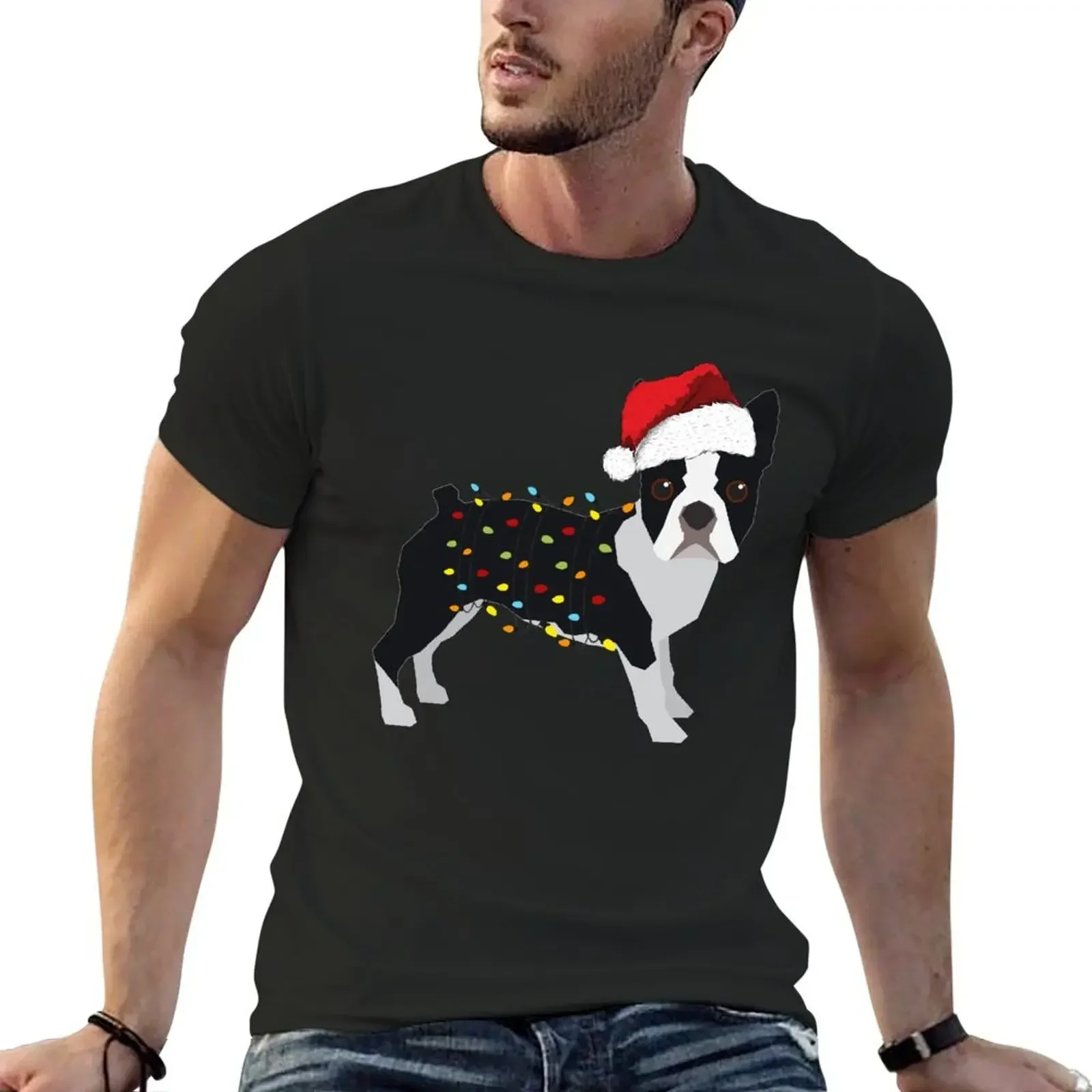 

Boston Terrier Holiday Christmas Lights T-Shirt aesthetic clothes heavyweights oversizeds mens cotton t shirts