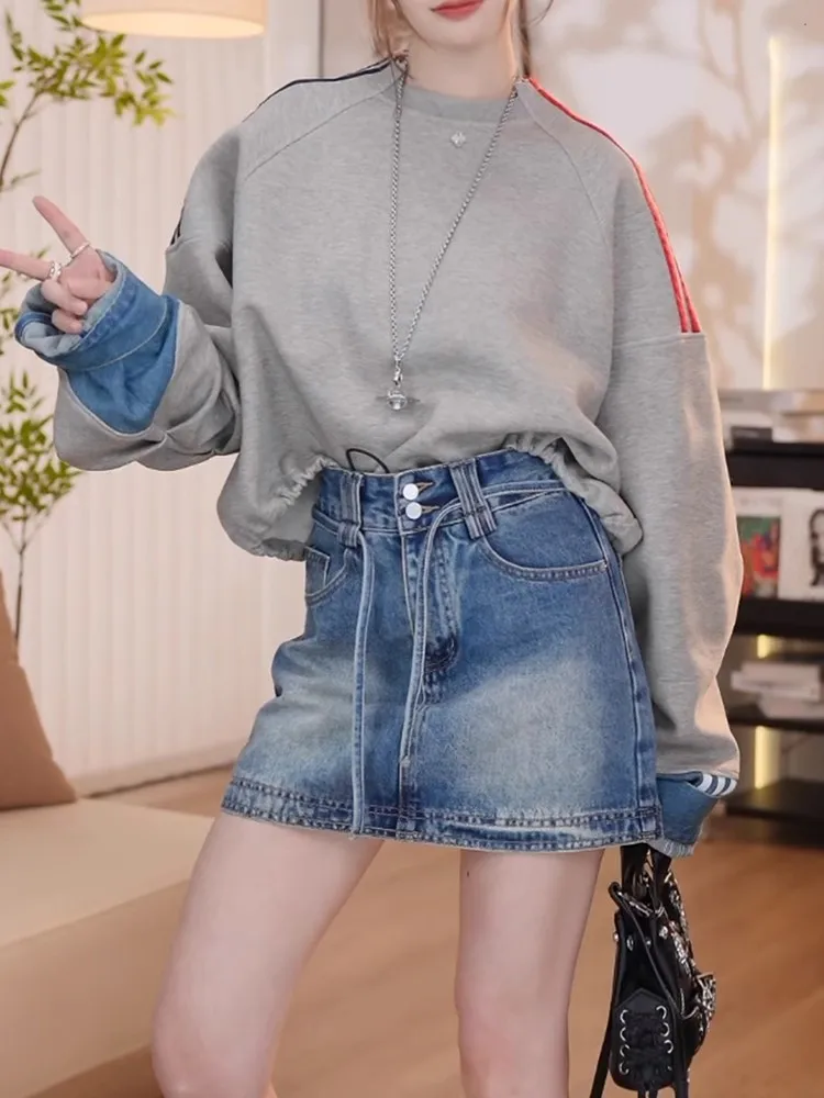 

Fashionable High Waist Short Skirt Women's Spring Summer New Style Commute Anti-Aging Rope Buckle A-Line Skirt Washed