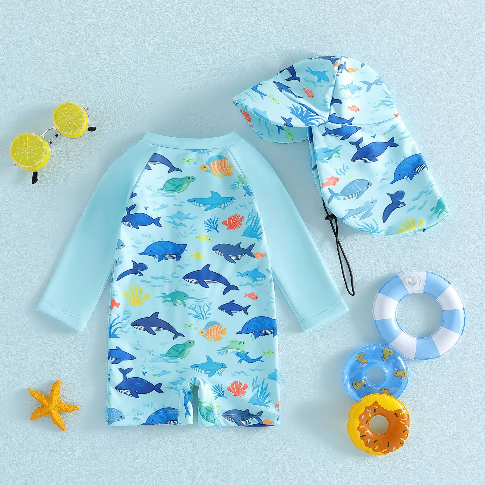 Toddler Baby Boys Rash Guard Swimsuit Romper Marine Print Long Sleeve Mock Neck Zipper Swimwear with Hat 2Pcs Set view 6