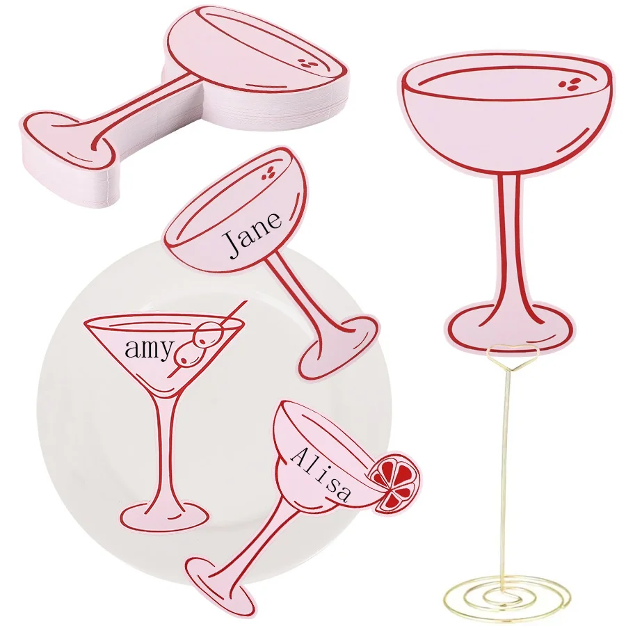 20pcs Pink Cocktail-Shaped Name Place Cards for Birthday Wedding Party Plates Decoration Christmas Paper Table Ornament Supplies