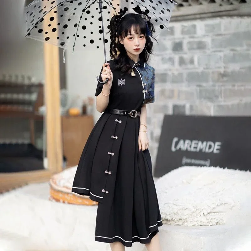 Chinese Style Han Element Hanfu Lolita Button Irregular Dress Gothic Black Lolita Short Long Sleeve Kawaii Daily Dresses