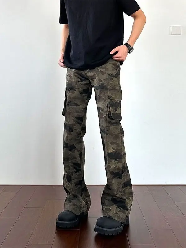 

Camouflage Workwear Pants Men's Spring Autumn Trendy Straight Leg Casual Jeans Multiple kets Pleated Hong Kong Sle
