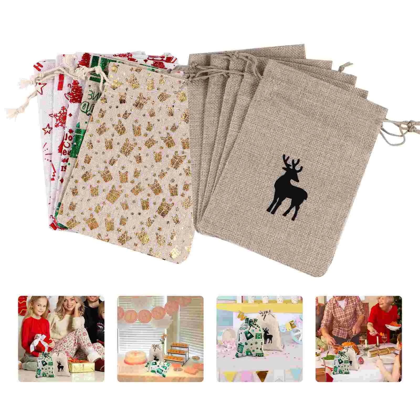 10 ชิ้น Xmas นําเสนอถุงคริสต์มาสผ้าฝ้ายกระสอบของขวัญ Candy กระเป๋า Drawstring Party Favor