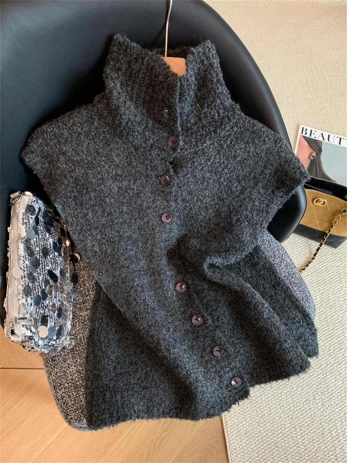 

Soft Cozy High Collar Open Cardigan Knitted Vest Women's Autumn Winter Layering Small Size Fashion Commute Korean Style