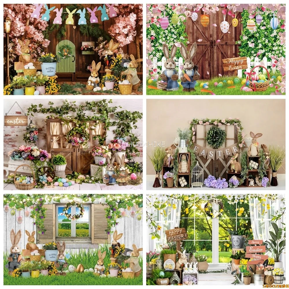 

Spring Easter Backdrop Photography Flowers Bunny Eggs Window Wooden Wall Floor Interior Baby Kids Portrait Photocall Background