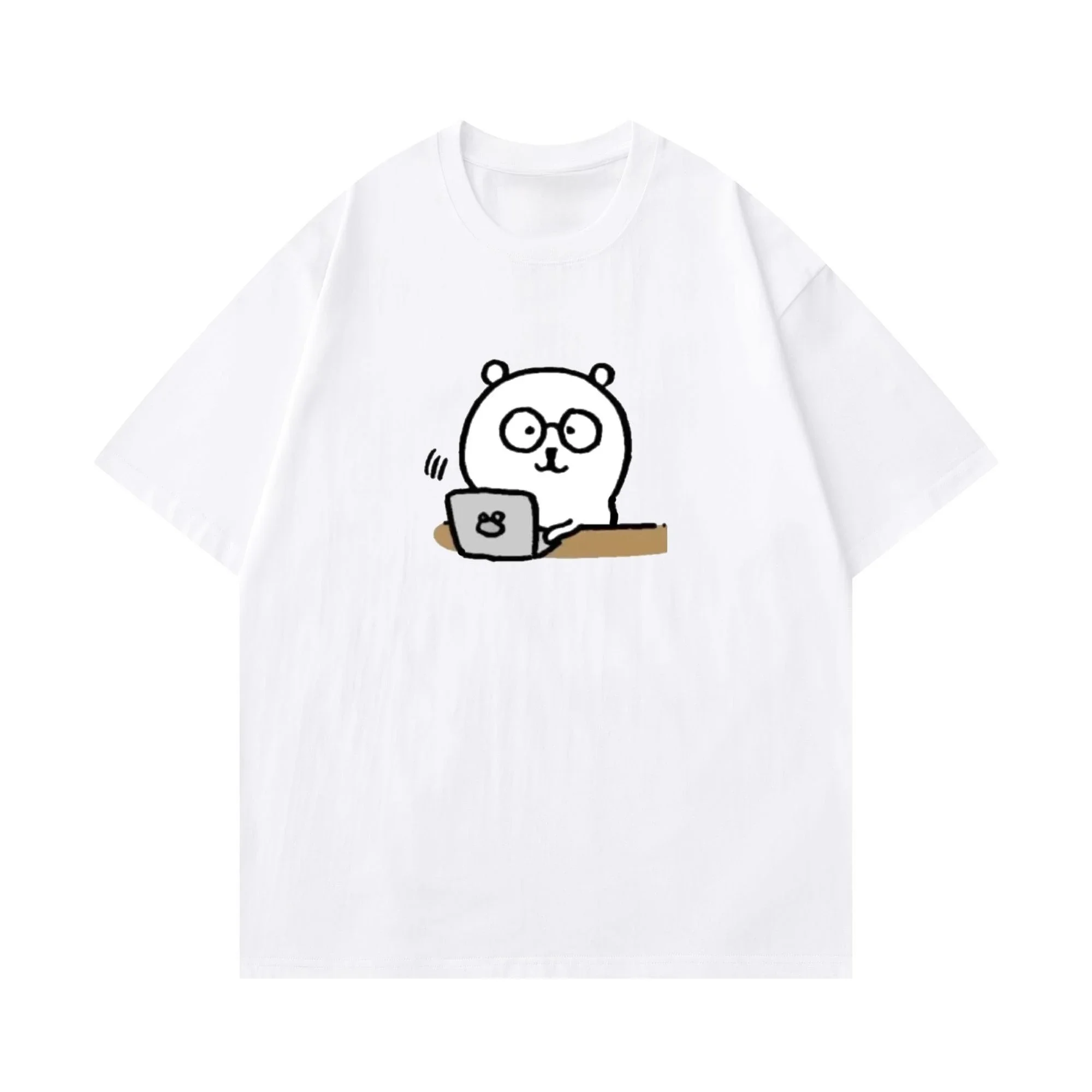 

Kawaii White Tshirt Cute Bear with Glasses Working on Laptop Cartoon Graphic Cotton Crewneck Tee Thinking Bubble Lines