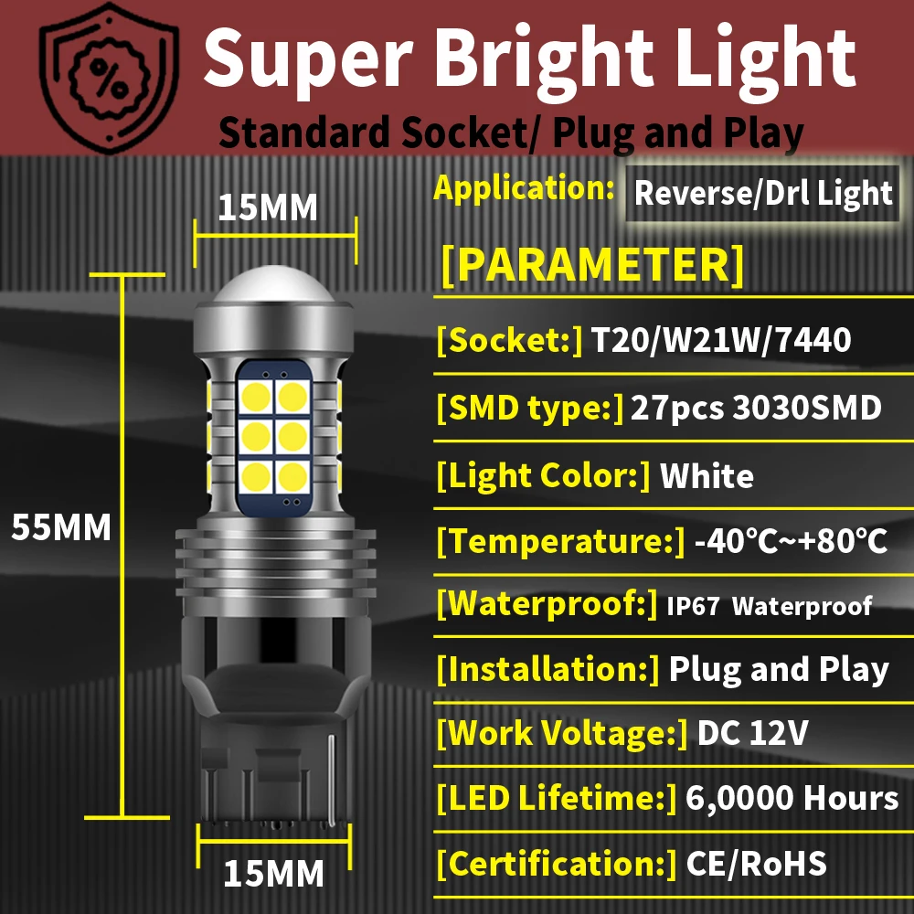 2pcs W21W 7440 T20 LED Backup Light Bulb Reverse Lamp For Mazda 3 BK BL Hatchback BM BN 5 6 GH GJ CX-7 CX-9 MX-5 RX-8